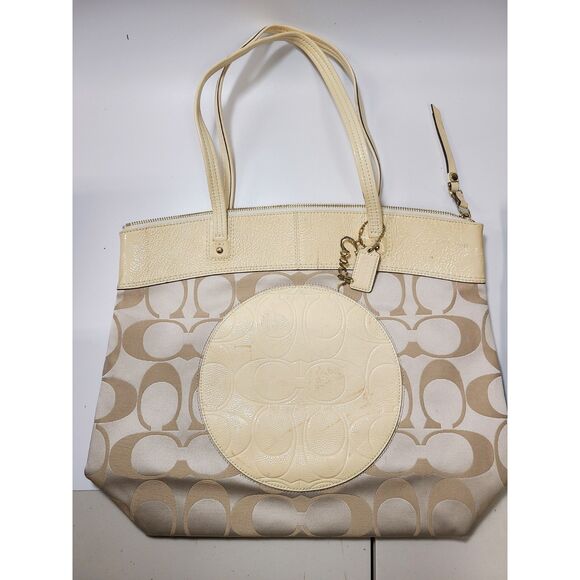 Set of 2 COACH Laura Signature L Logo Black Beige Canvas Shoulder Bag Tote - Picture 2 of 12